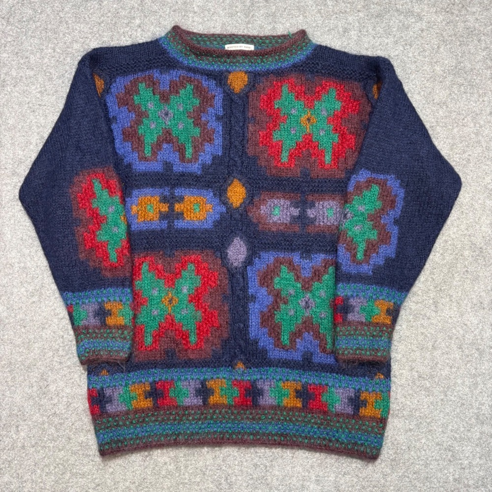Vintage Rosanna Mohair Blend Hand Knitted Geometric Intarsia Sweater Large